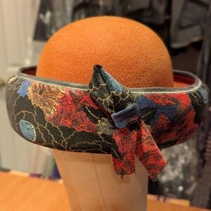 Vintage Adolfo Red, Blue, And Rust Wool Hat with Vibrant Design And Bow.
